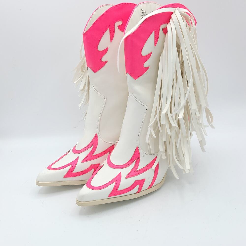 Western fringe boots white pink flames women's size 6